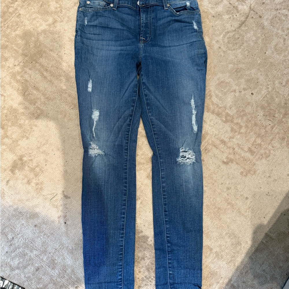 7 For All Mankind Blue Distressed Skinny Jeans
